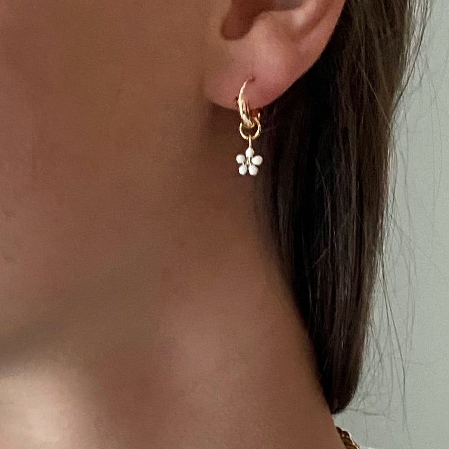 Daisy Hoop Earrings | Delicate White & Gold/Silver Flower Earrings