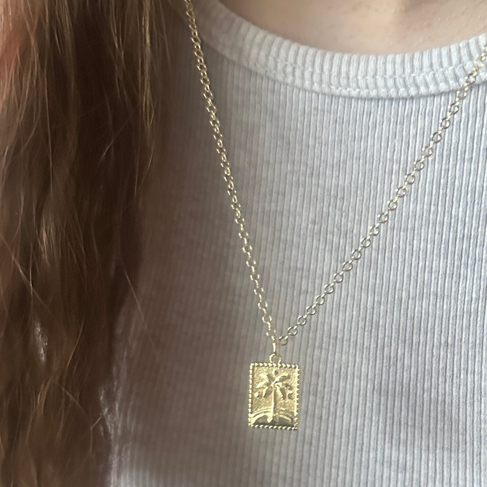 Gold necklace with a pendant on a light gray shirt