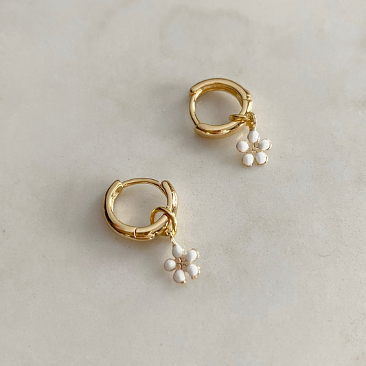 Daisy Hoop Earrings | Delicate White & Gold/Silver Flower Earrings